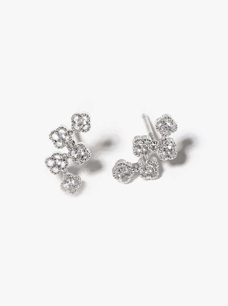 White Gold Dipped CZ Pave Five Flower Post Stud Earrings