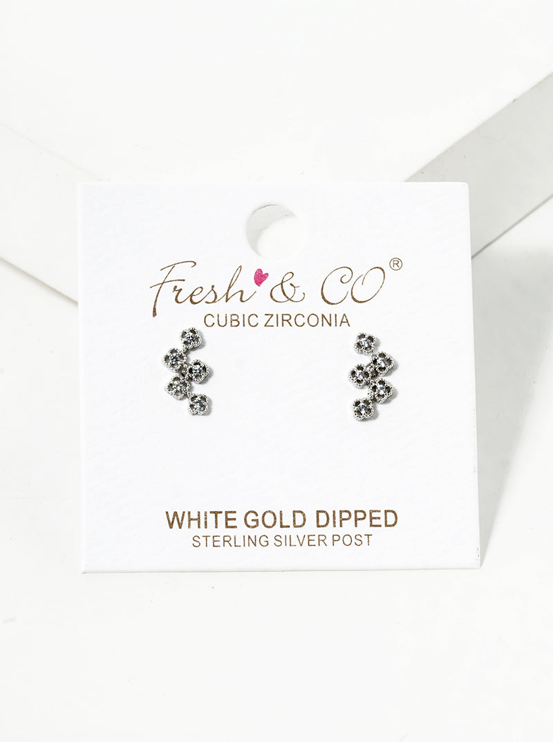 White Gold Dipped CZ Pave Five Flower Post Stud Earrings