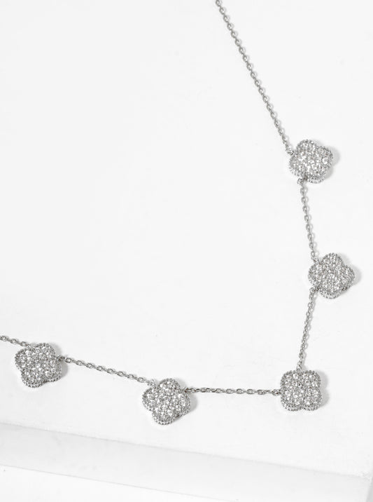 White Gold Dipped CZ Pave Five Quatrefoil Pendant Necklace