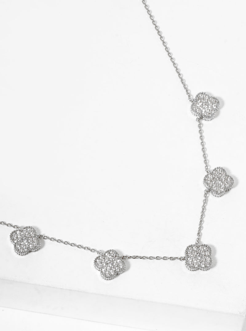 White Gold Dipped CZ Pave Five Quatrefoil Pendant Necklace