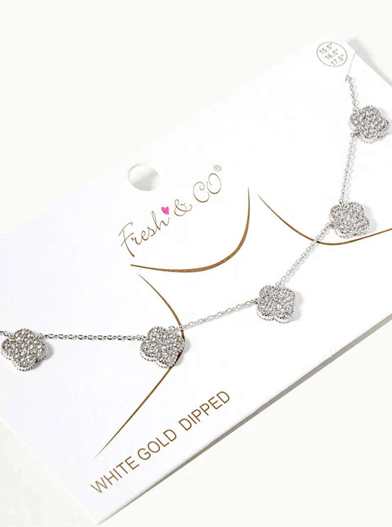 White Gold Dipped CZ Pave Five Quatrefoil Pendant Necklace