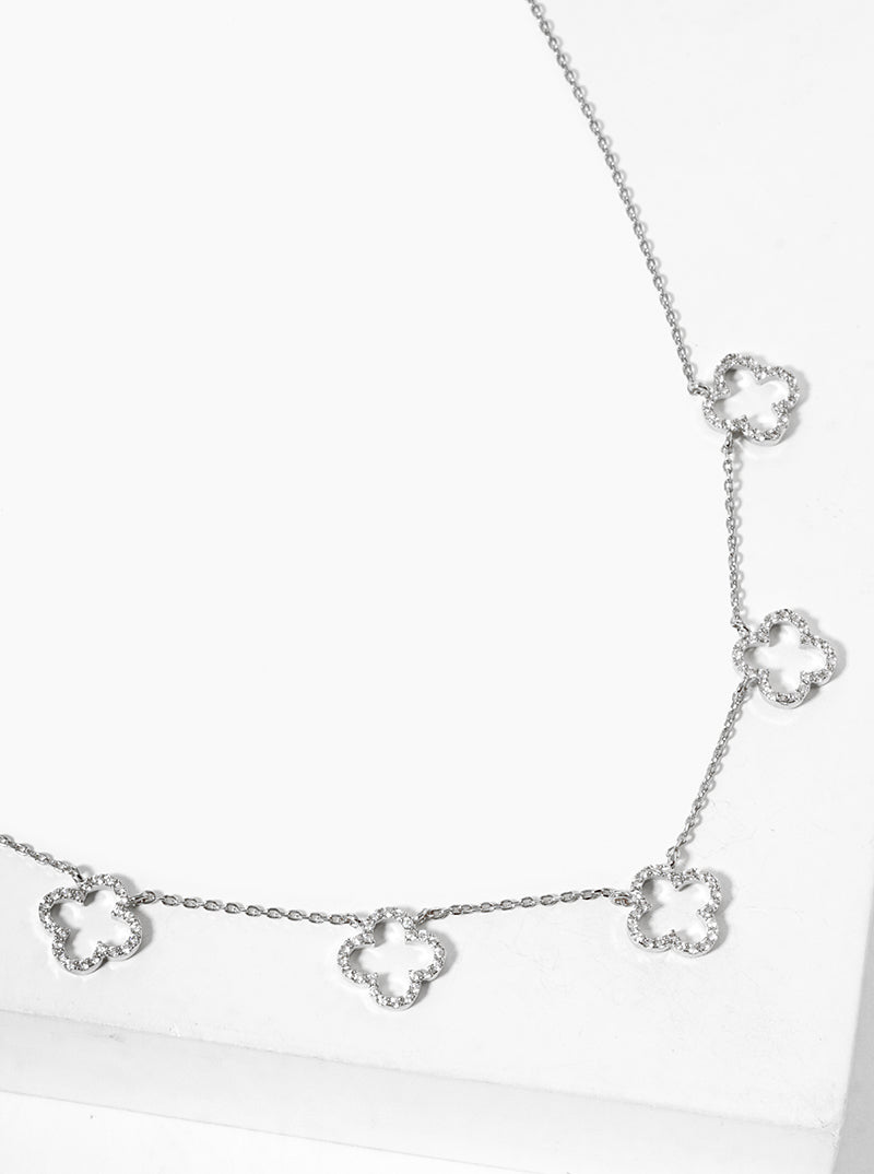 White Gold Dipped CZ Pave Five Quatrefoil Pendant Necklace