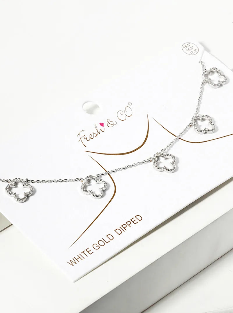 White Gold Dipped CZ Pave Five Quatrefoil Pendant Necklace