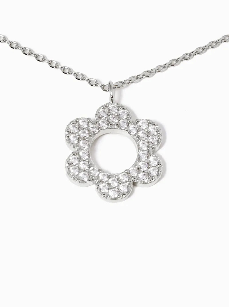 White Gold Dipped CZ Pave Flower Pendant Necklace