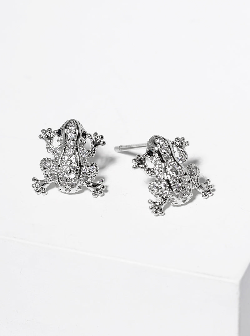 White Gold Dipped CZ Pave Frog Post Stud Earrings