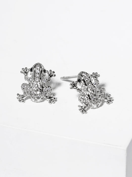 White Gold Dipped CZ Pave Frog Post Stud Earrings