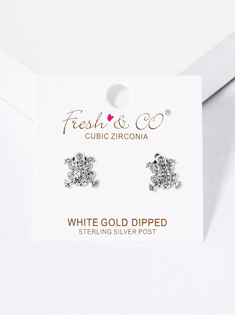 White Gold Dipped CZ Pave Frog Post Stud Earrings