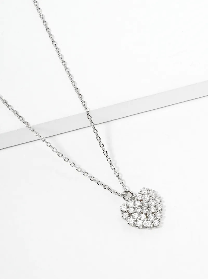 White Gold Dipped CZ Pave Heart Pendant Delicate Necklace
