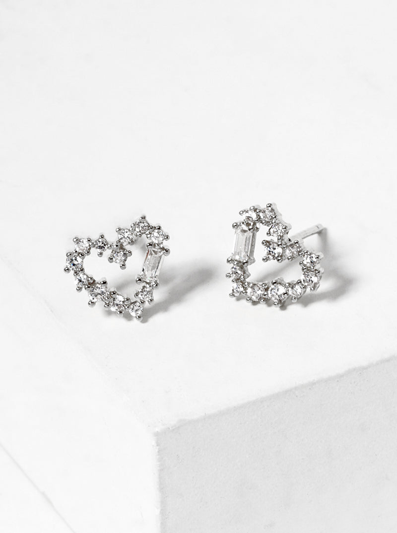 White Gold Dipped CZ Pave Heart Post Stud Earrings
