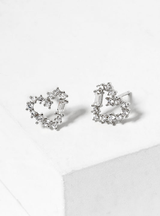 White Gold Dipped CZ Pave Heart Post Stud Earrings
