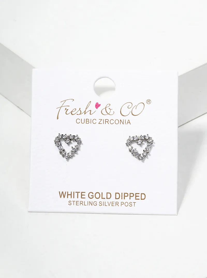 White Gold Dipped CZ Pave Heart Post Stud Earrings