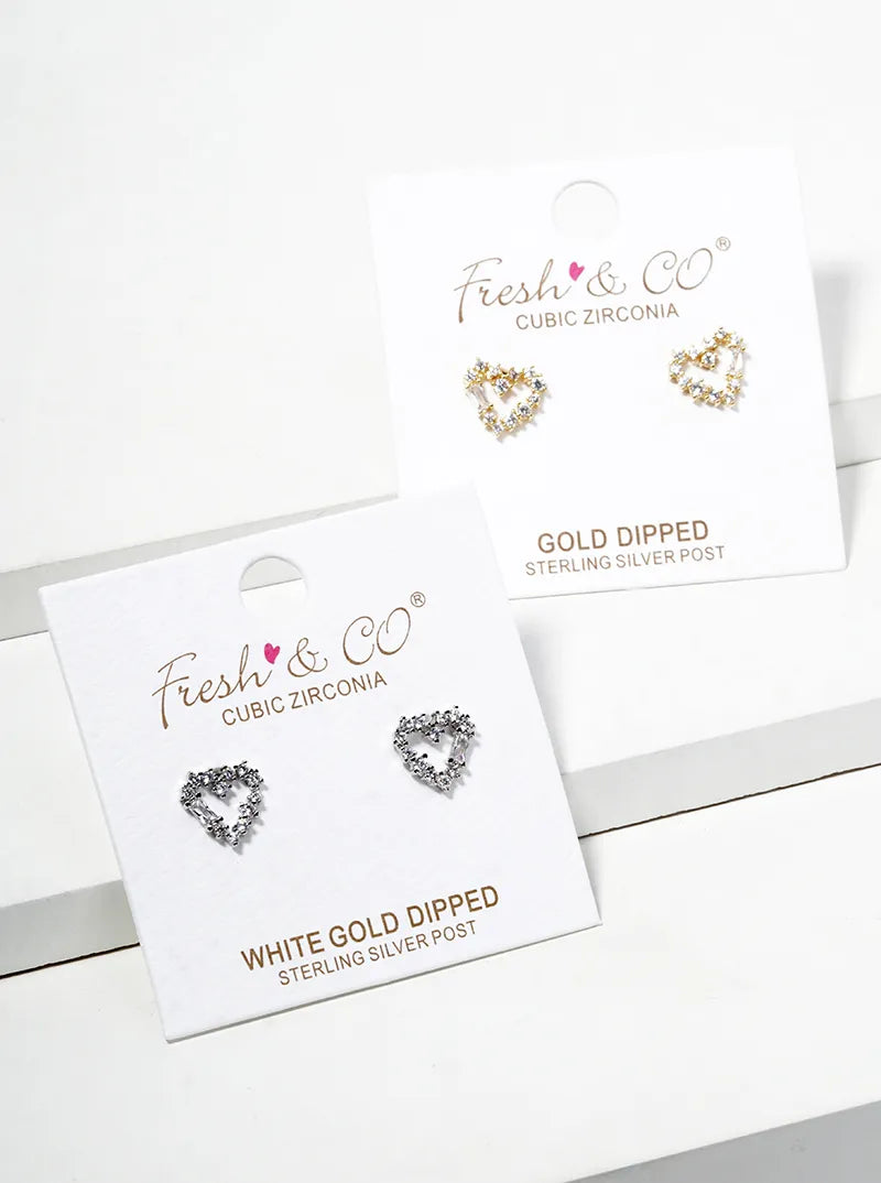 White Gold Dipped CZ Pave Heart Post Stud Earrings