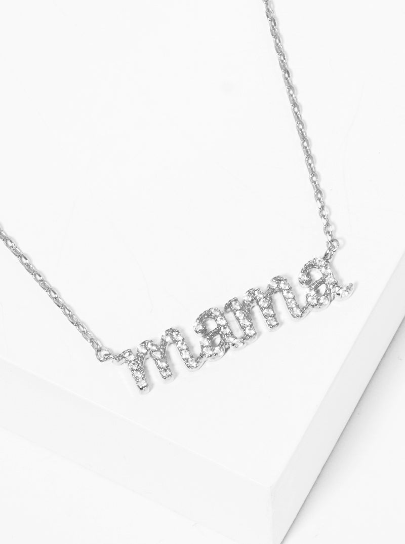 White Gold Dipped CZ Pave Mama Pendant Necklace