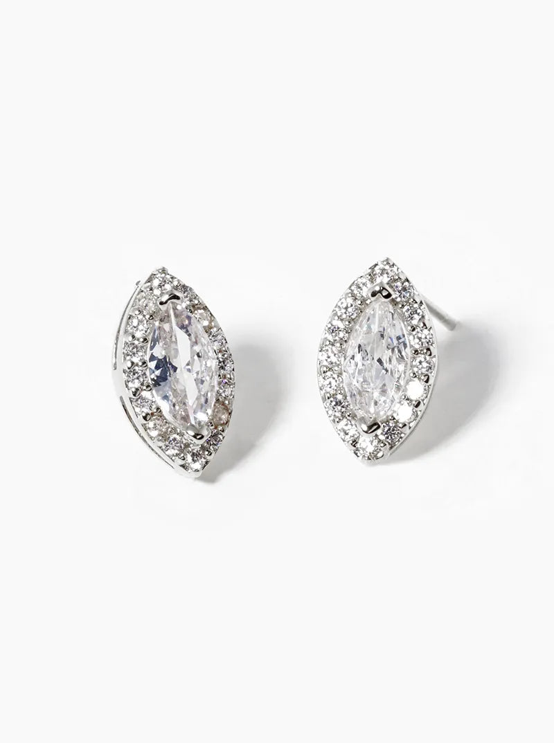 White Gold Dipped CZ Pave Marquise Post Stud Earrings