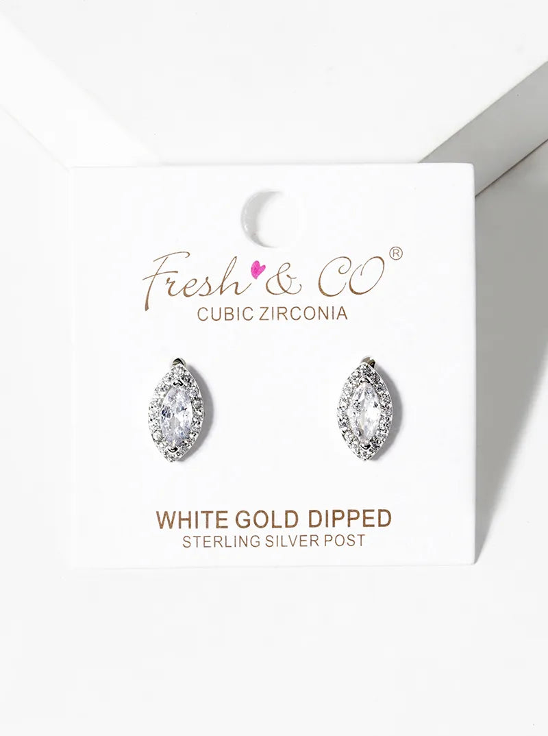 White Gold Dipped CZ Pave Marquise Post Stud Earrings