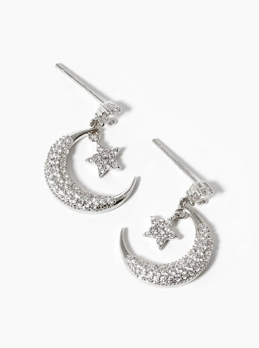 White Gold Dipped CZ Pave Moon And Star Drop Dangle Post Earrings