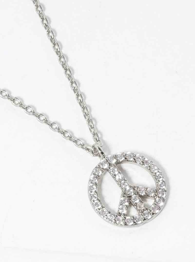 White Gold Dipped CZ Pave Peace Symbol Pendant Delicate Necklace