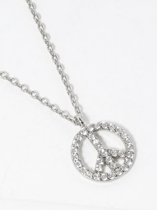 White Gold Dipped CZ Pave Peace Symbol Pendant Delicate Necklace