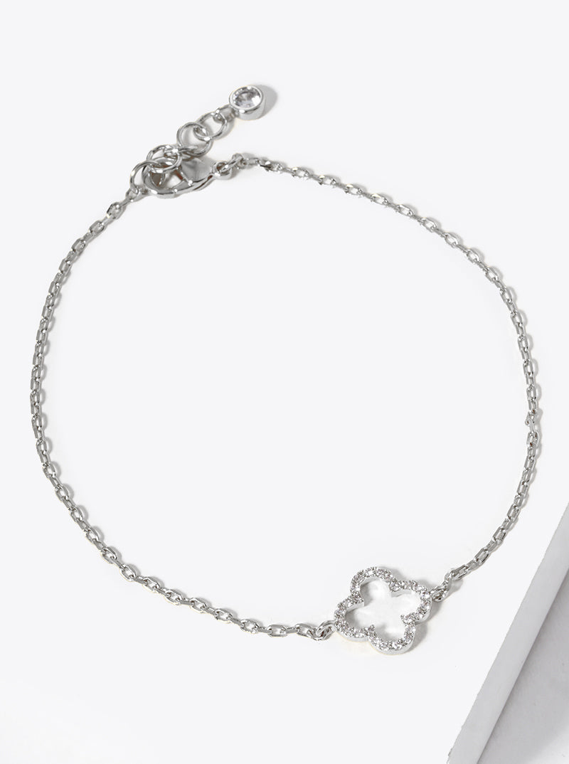 White Gold Dipped CZ Pave Quatrefoil Bracelet