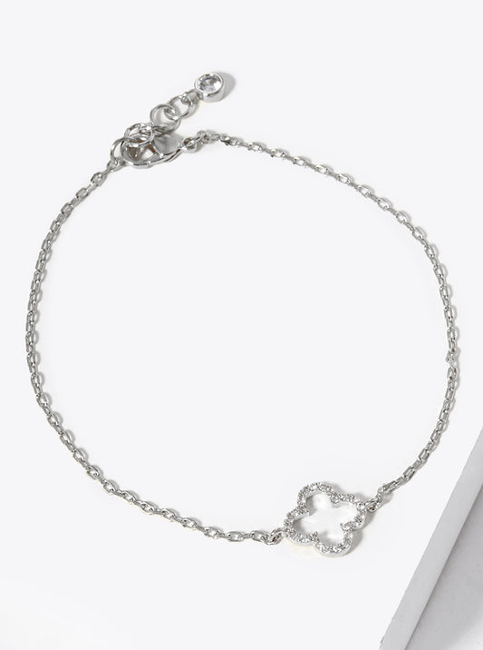 White Gold Dipped CZ Pave Quatrefoil Bracelet