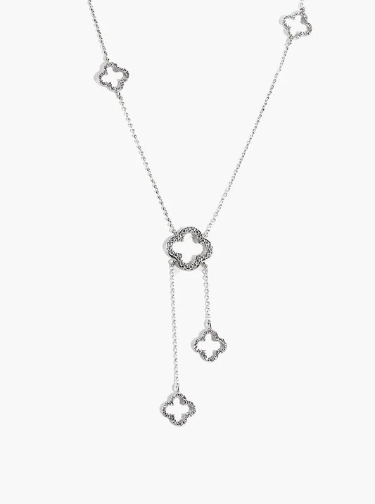 18k Gold Dipped CZ Pave Quatrefoil Pendant 36 Inch Long Station Necklace