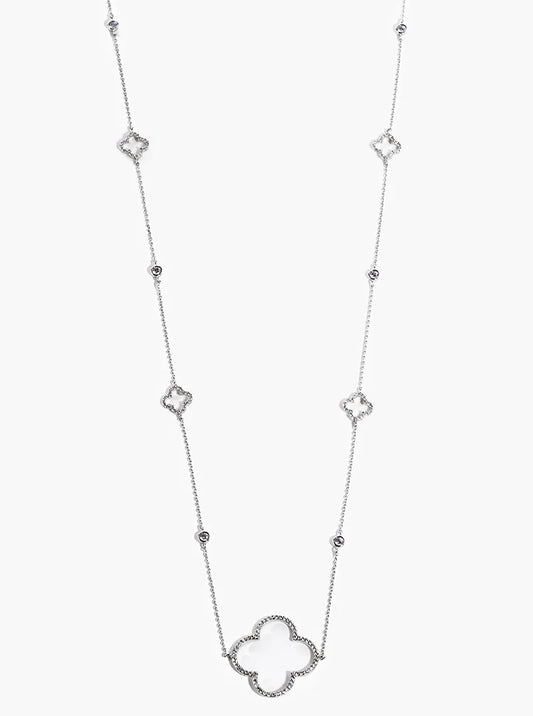 White Gold Dipped CZ Pave Quatrefoil Pendant 36 Inch Long Station Necklace