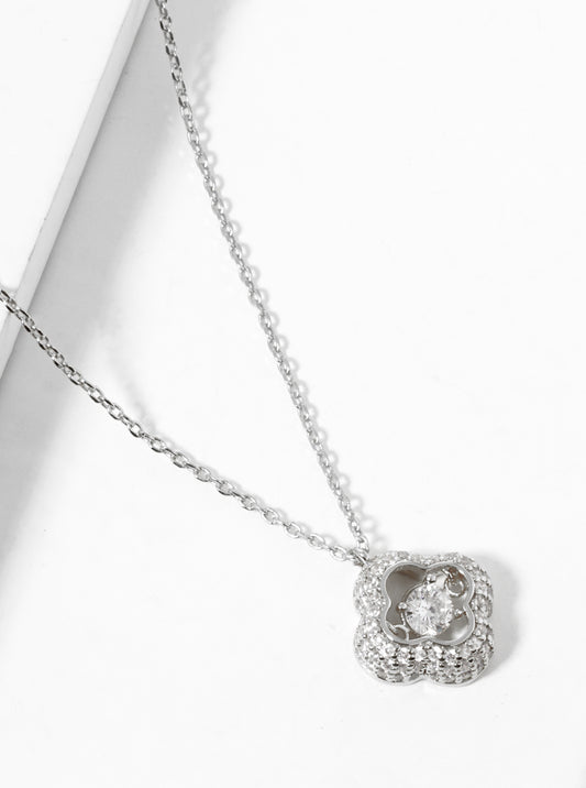 White Gold Dipped CZ Pave Quatrefoil Pendant Necklace
