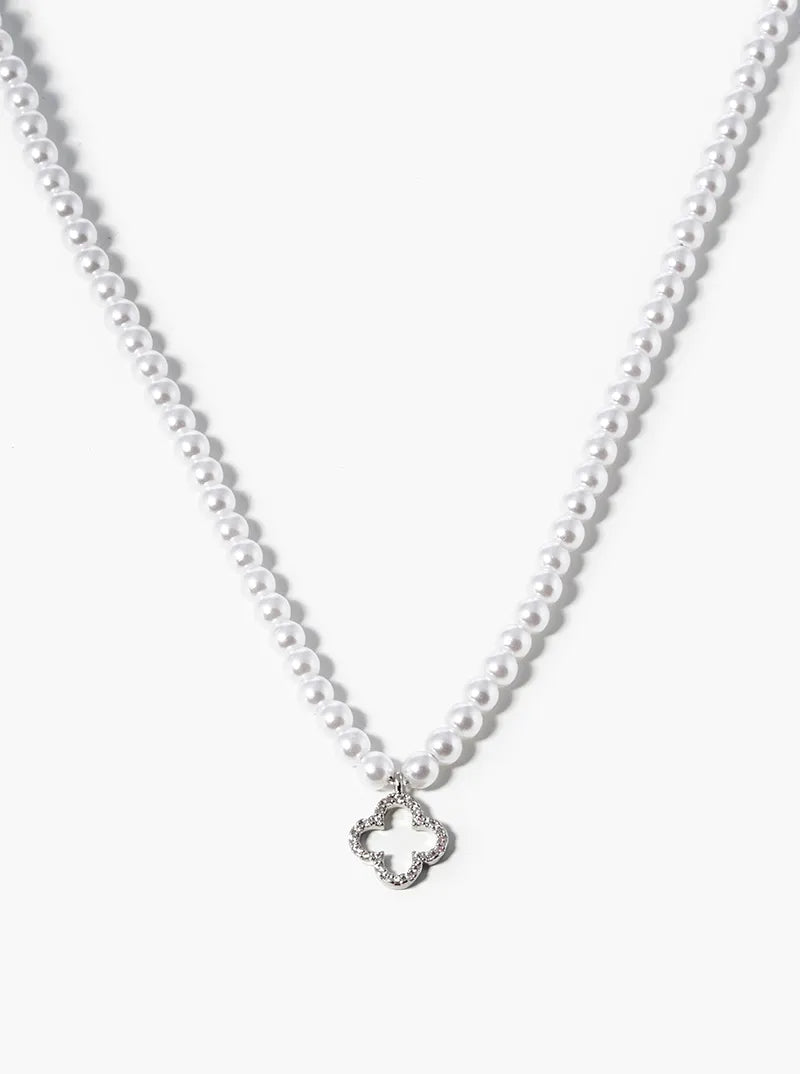 18k Gold Dipped CZ Pave Quatrefoil Pendant Pearl Beaded Chain Necklace