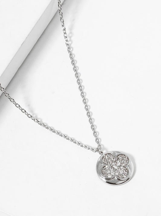 White Gold Dipped CZ Pave Quatrefoil Round Pendant Necklace