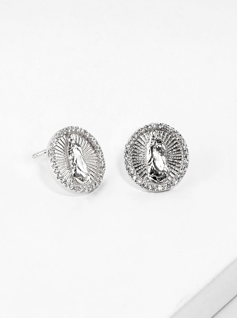 18k Gold Dipped CZ Pave Rectangle Virgin Mary Post Stud Earrings