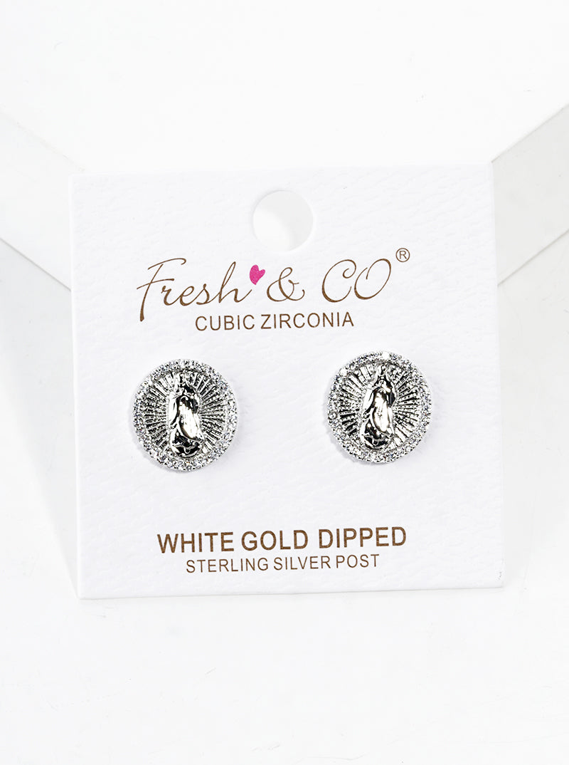 18k Gold Dipped CZ Pave Rectangle Virgin Mary Post Stud Earrings