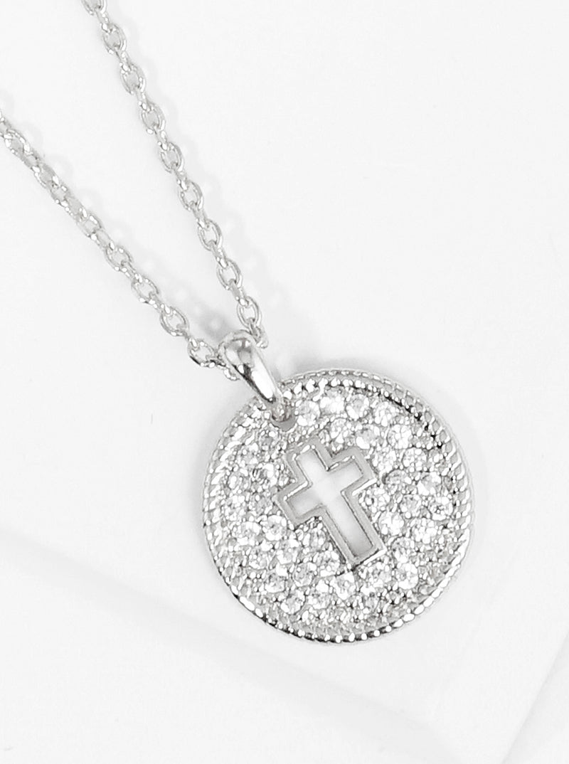 White Gold Dipped CZ Pave Round Cross Pendant Delicate Necklace