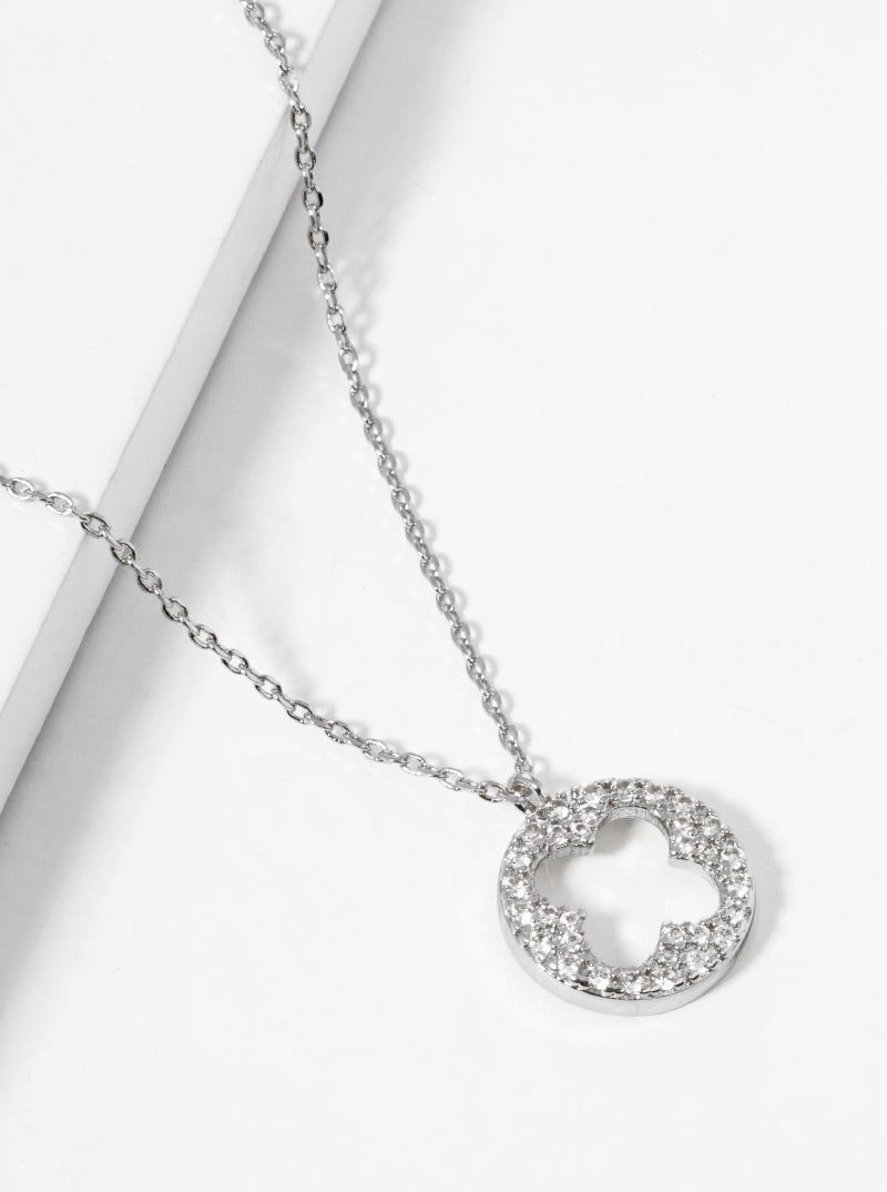 White Gold Dipped CZ Pave Round Cutout Quatrefoil Pendant Necklace