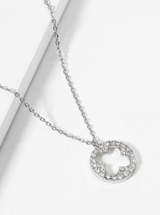 White Gold Dipped CZ Pave Round Cutout Quatrefoil Pendant Necklace