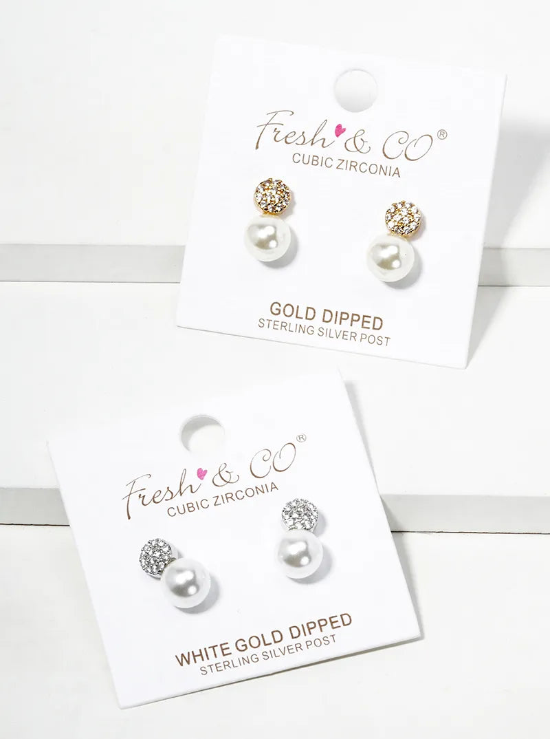 White Gold Dipped CZ Pave Round Glass Pearl  Post Stud Earrings