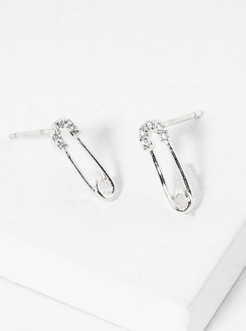 White Gold Dipped CZ Pave Safety Pin Post Stud Earrings
