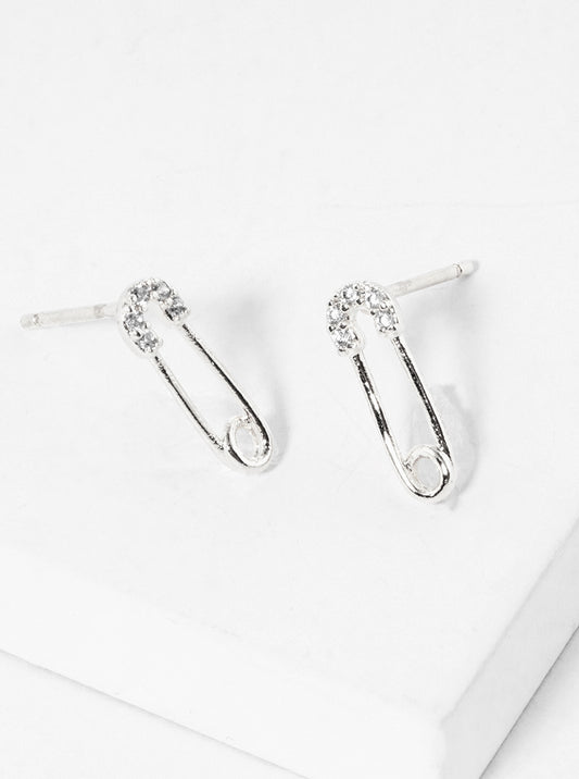 White Gold Dipped CZ Pave Safety Pin Post Stud Earrings
