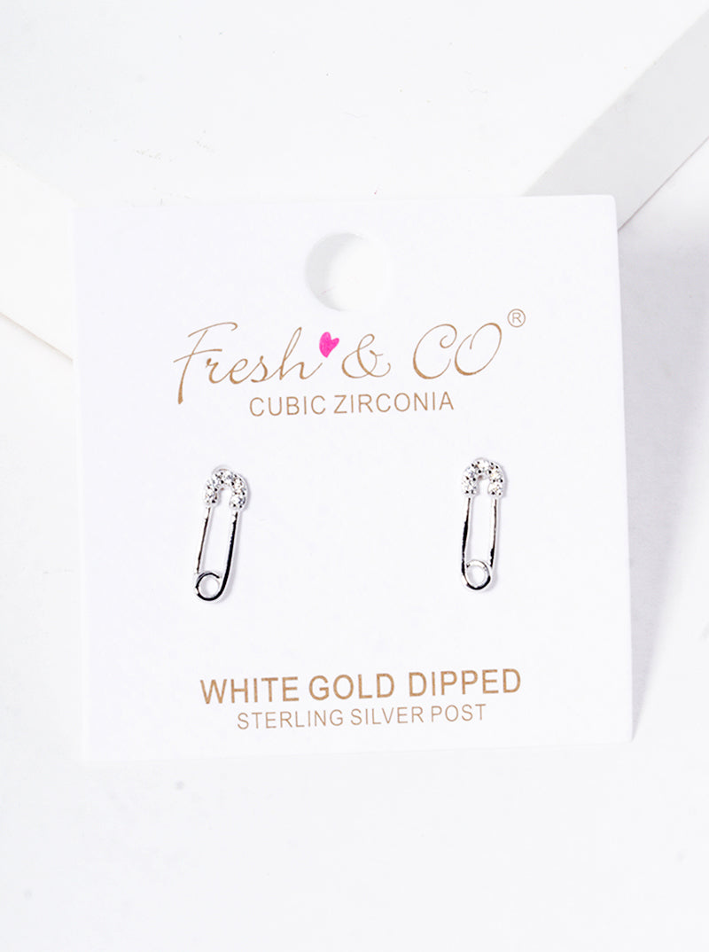 White Gold Dipped CZ Pave Safety Pin Post Stud Earrings