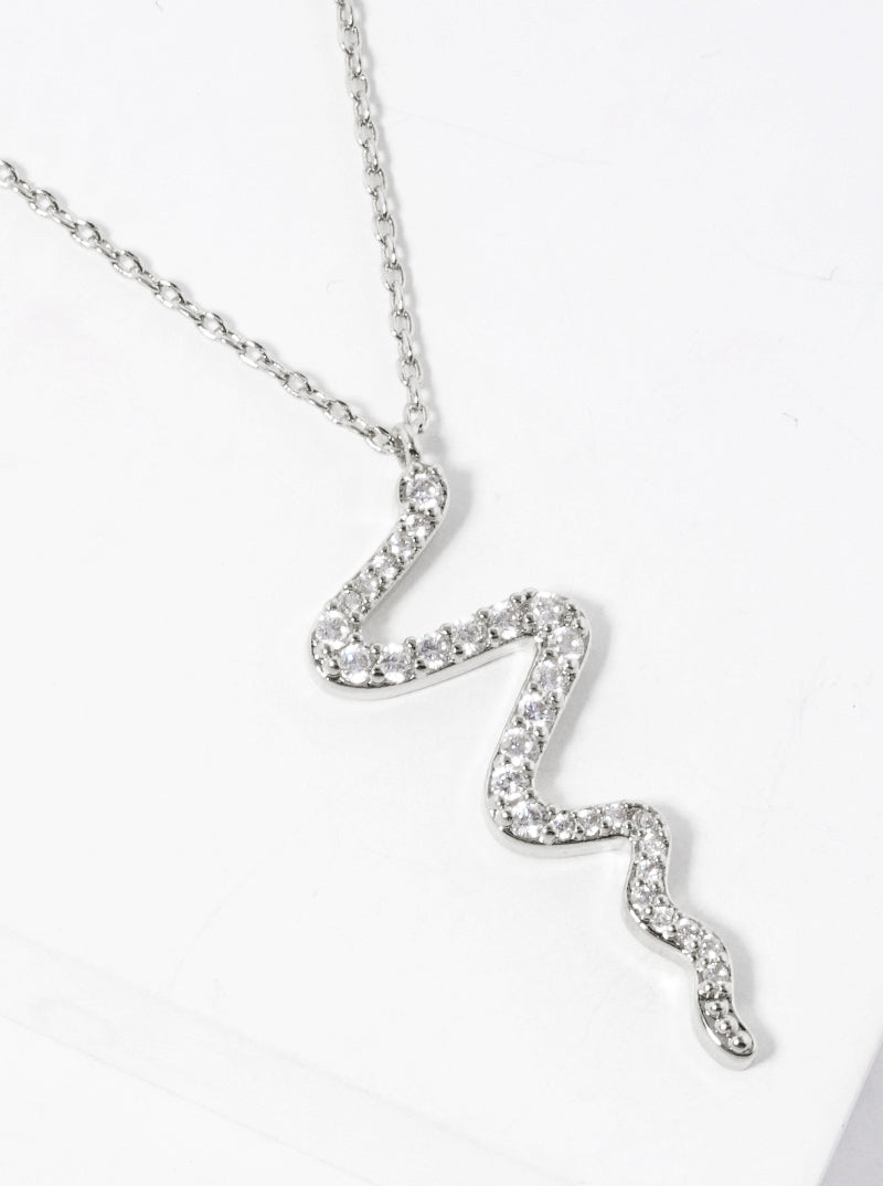 White Gold Dipped CZ Pave Snake Pendant Delicate Necklace