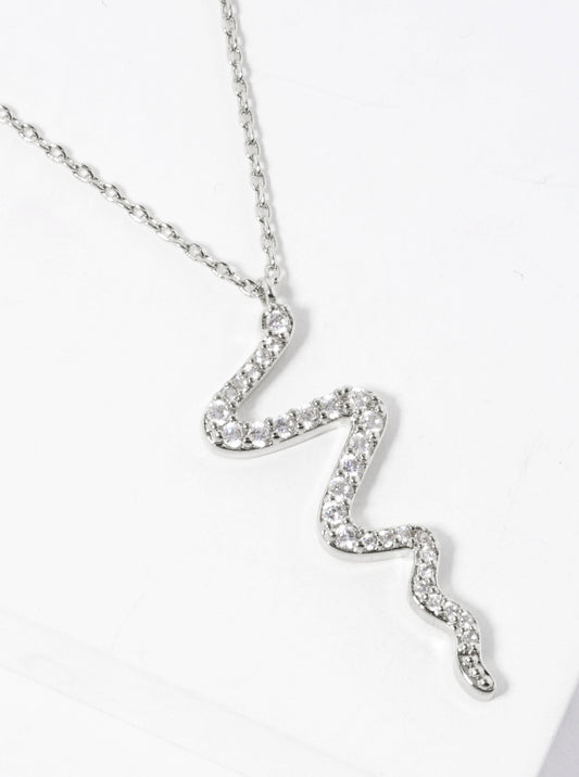 White Gold Dipped CZ Pave Snake Pendant Delicate Necklace