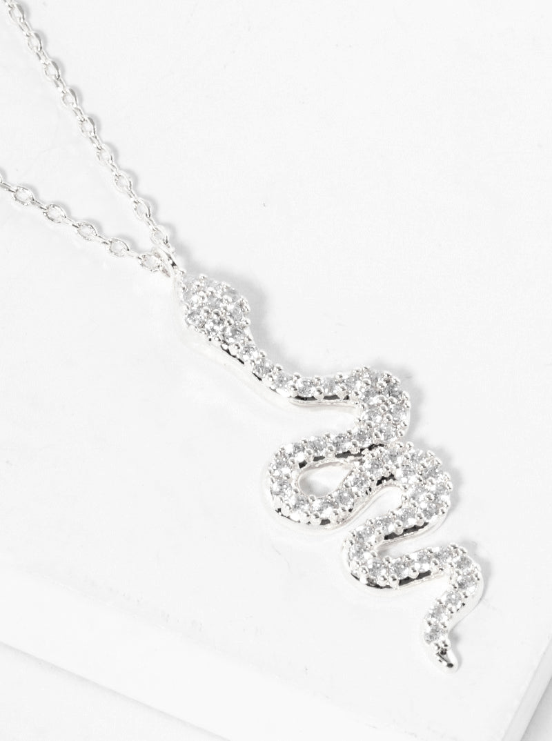 White Gold Dipped CZ Pave Snake Pendant Delicate Necklace