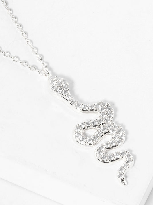 White Gold Dipped CZ Pave Snake Pendant Delicate Necklace