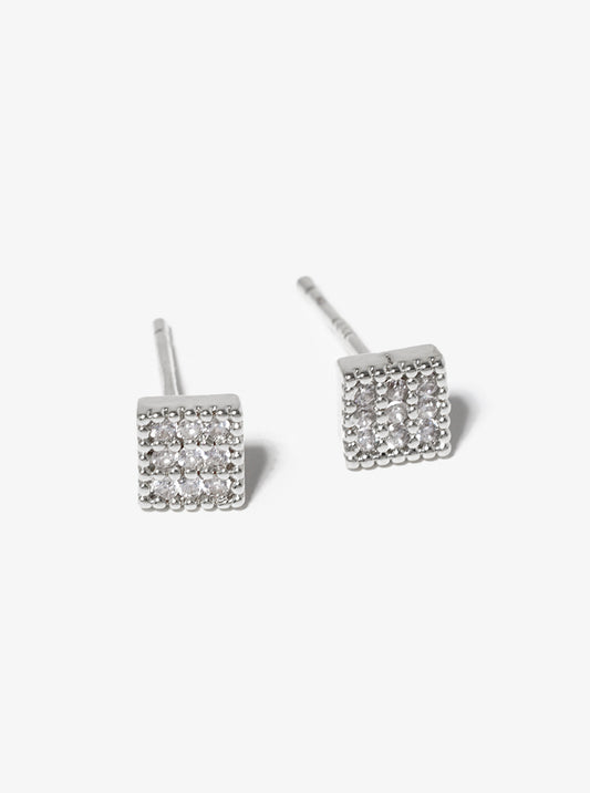 White Gold Dipped CZ Pave Square Post Stud Earrings