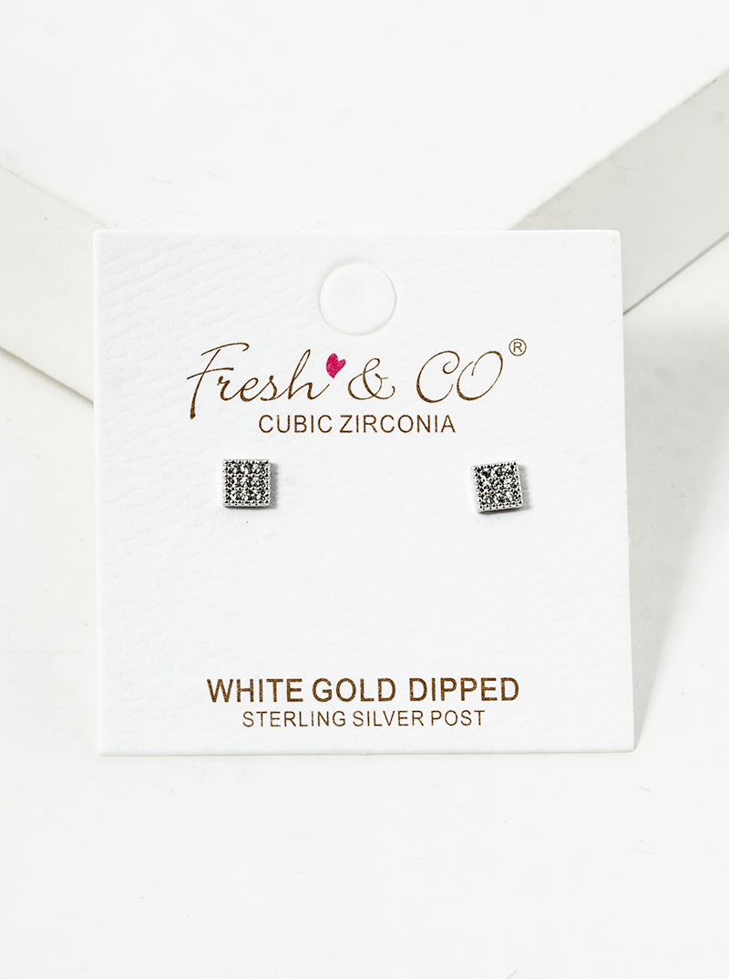 White Gold Dipped CZ Pave Square Post Stud Earrings