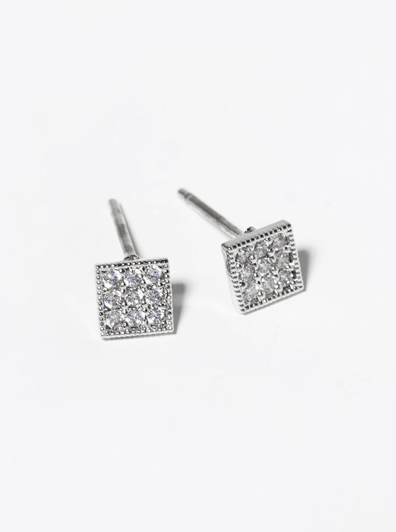 White Gold Dipped CZ Pave Square Post Stud Earrings