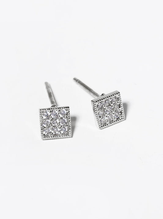 White Gold Dipped CZ Pave Square Post Stud Earrings