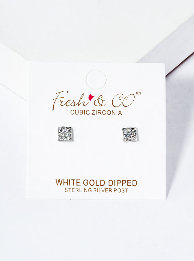 White Gold Dipped CZ Pave Square Post Stud Earrings