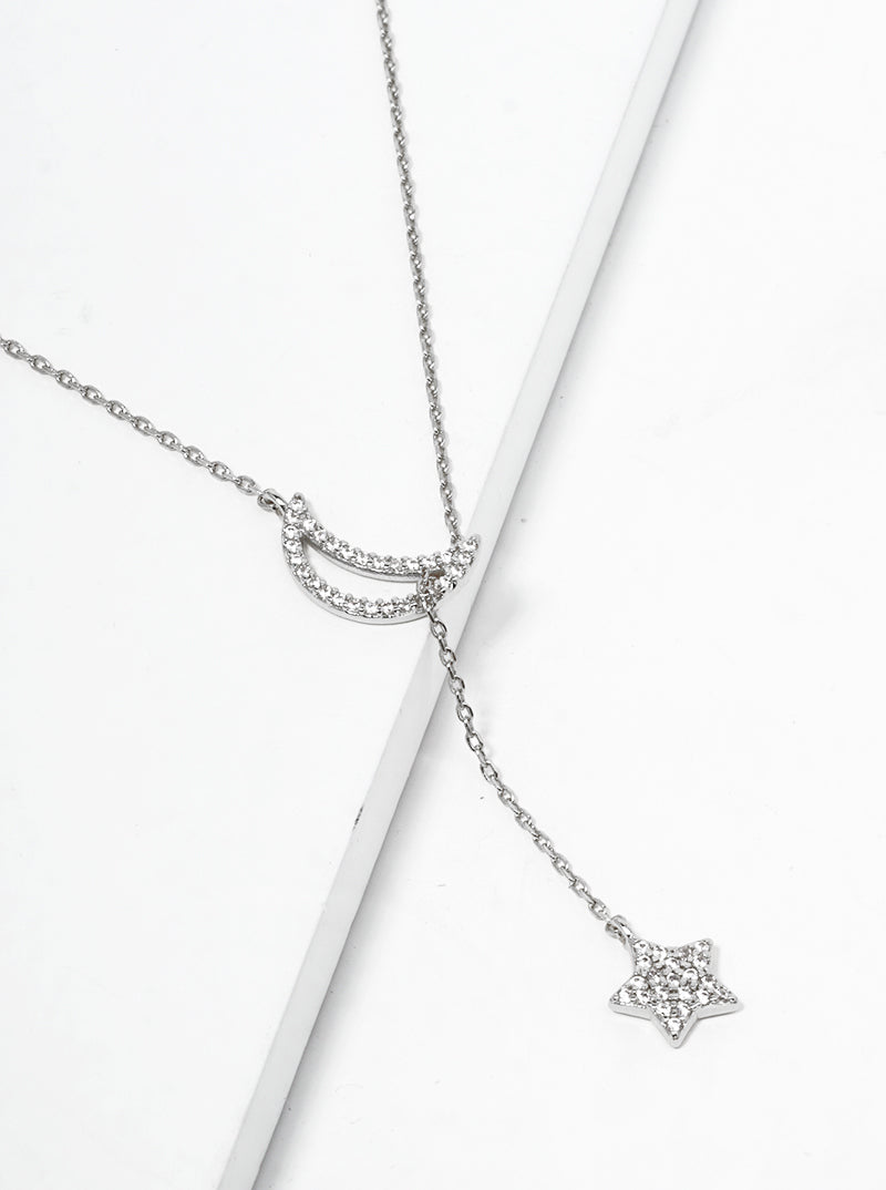 18k Gold Dipped CZ Pave Star And Moon Pendant Lariat Necklace Rhodium