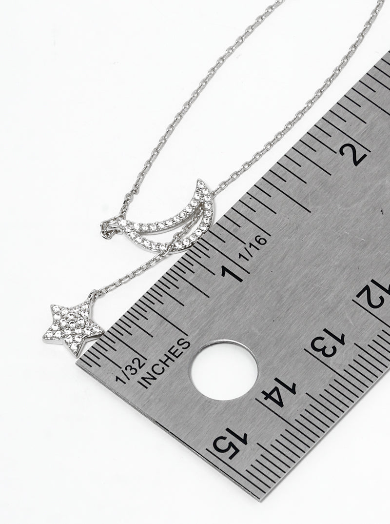 18k Gold Dipped CZ Pave Star And Moon Pendant Lariat Necklace Rhodium