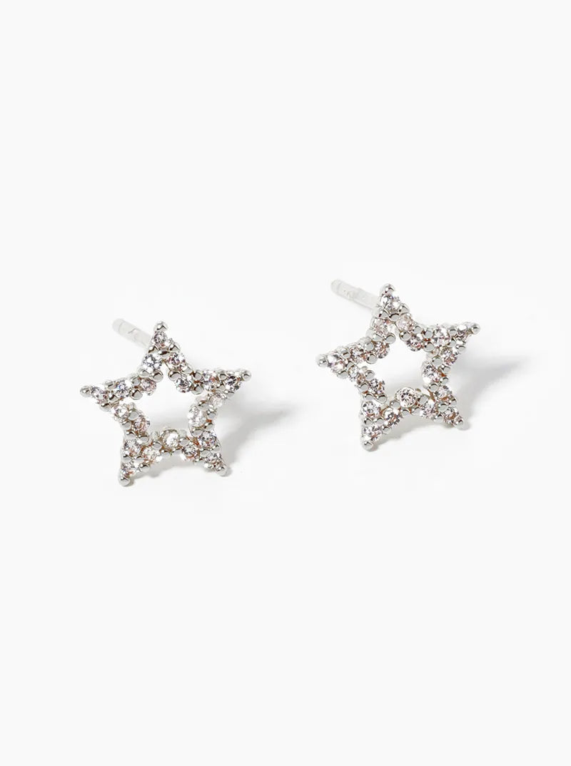 White Gold Dipped CZ Pave Star Post Stud Earrings